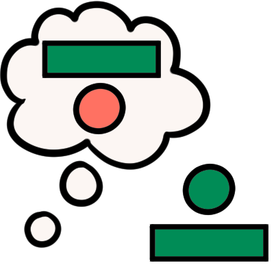A thought bubble with a light red circle under a green rectangle. outside the speech bubble is a green circle over a green rectangle.